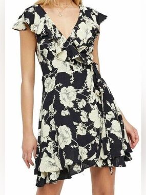Free People Black Mini Wrap Dress with Cream Floral Print